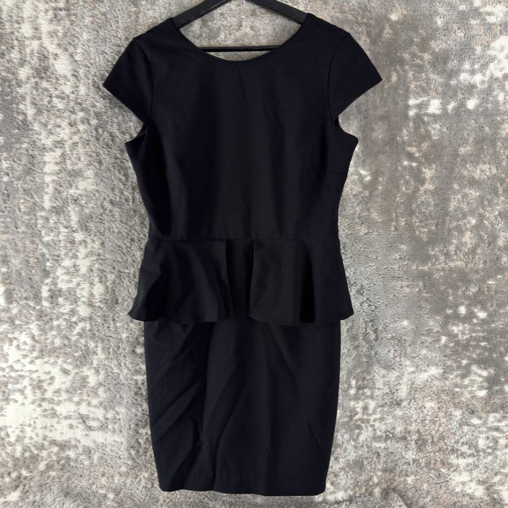 Worthington Size 8 Peplum Minimalist Mini Sheath Dress Black Cap Sleeve Party